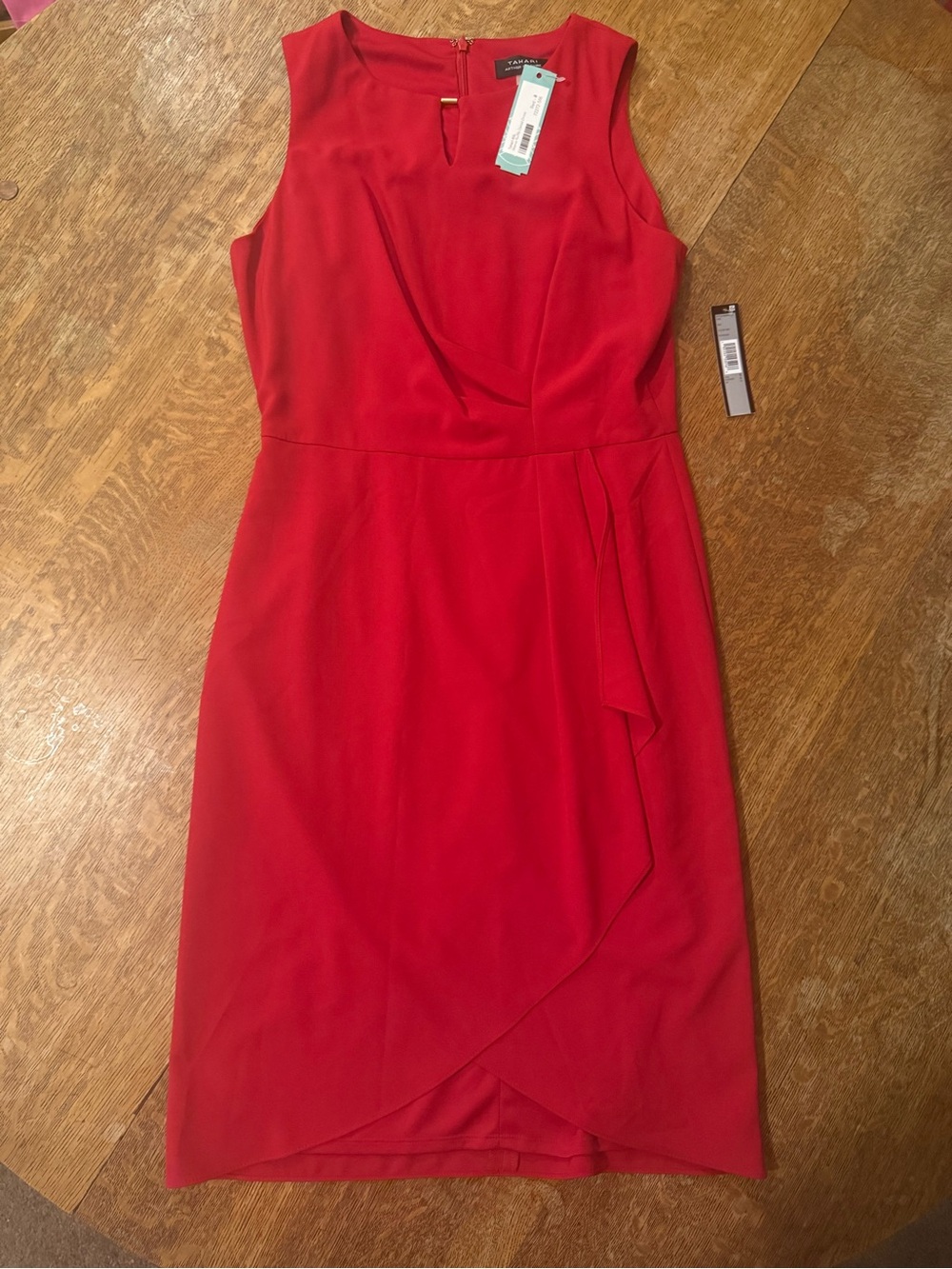 Tahari Red Sleeveless Sheath Dress with Draped Wrap Detail